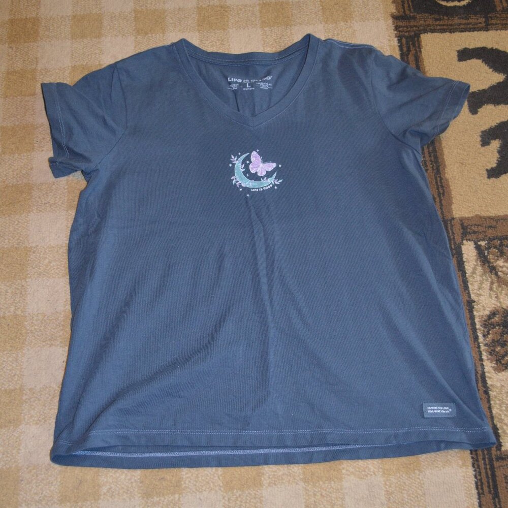 Life is Good Moon & Butterfly V-neck Crusher NWOT